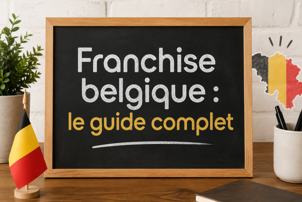Une ardoise sur laquelle est inscrit "franchise belgique : le guide complet"